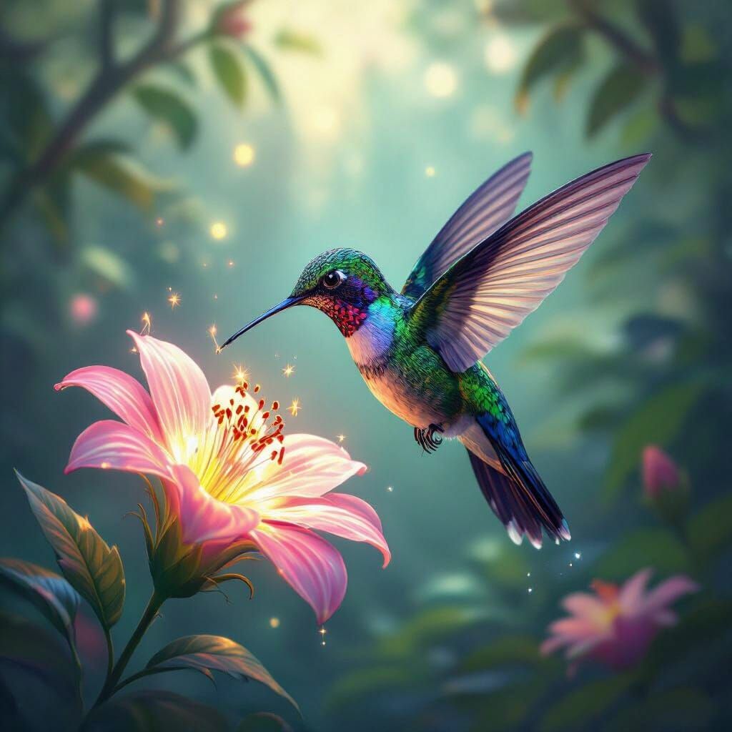 Bioluminescent Hummingbird Sipping Nectar: Digital Painting