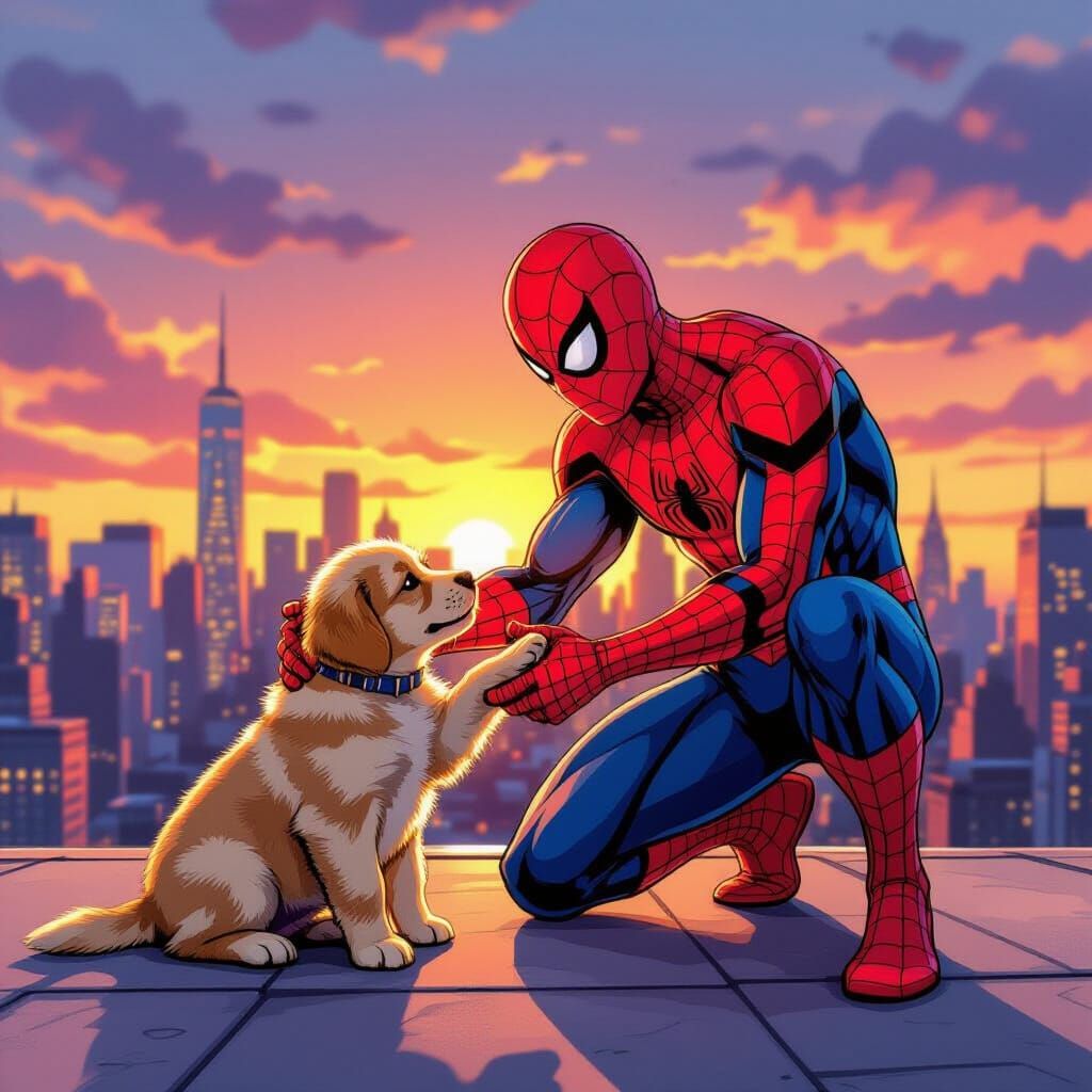 Spiderman and Golden Retriever Puppy on NYC Rooftop