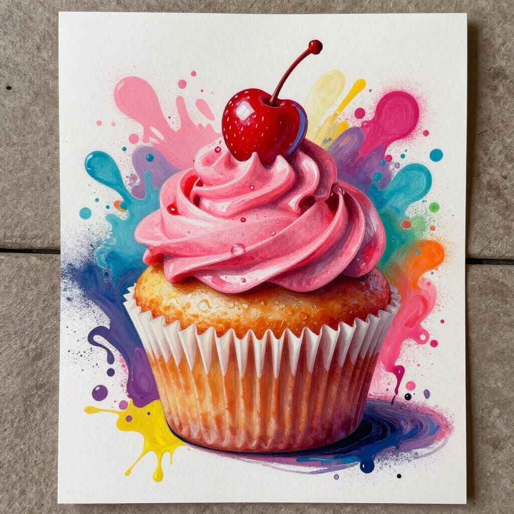 Vibrant Strawberry Cupcake in Graffiti Art Style
