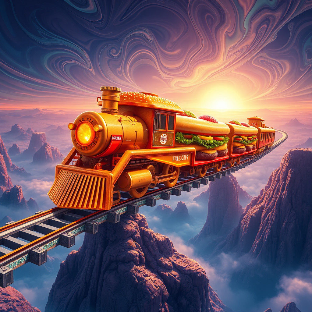 Burger Train on Ethereal Tracks, Digital Art