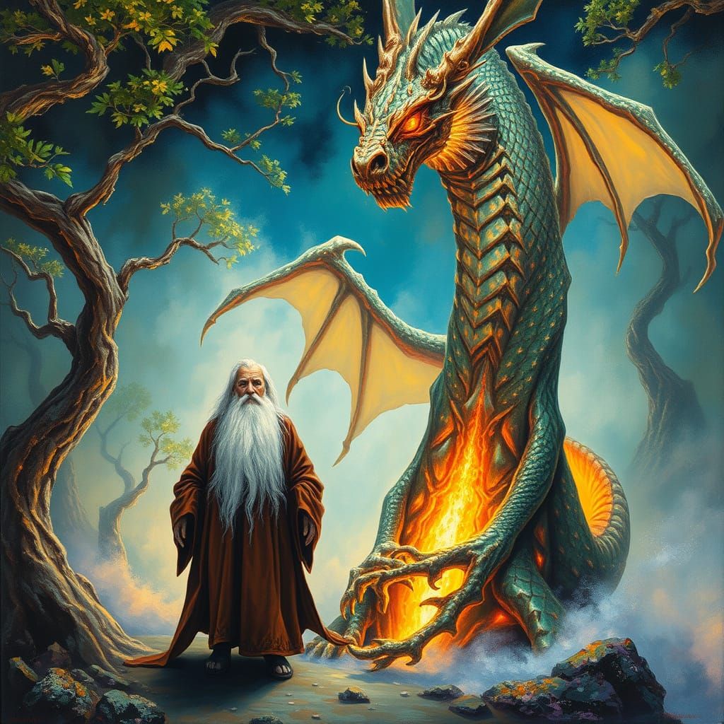 Dragon and Sage in Dreamlike Forest, in Surrealist Style