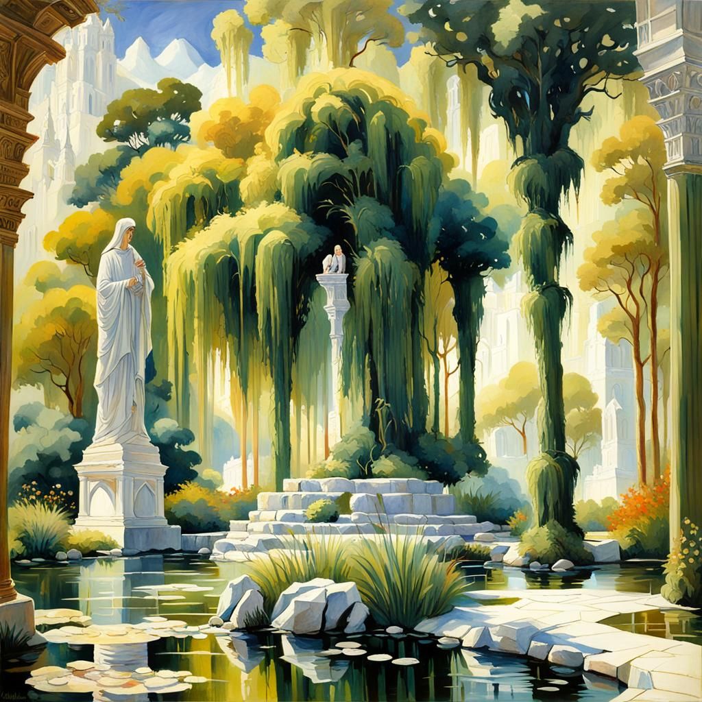 Ethereal Stallion in Gothic Roman Garden