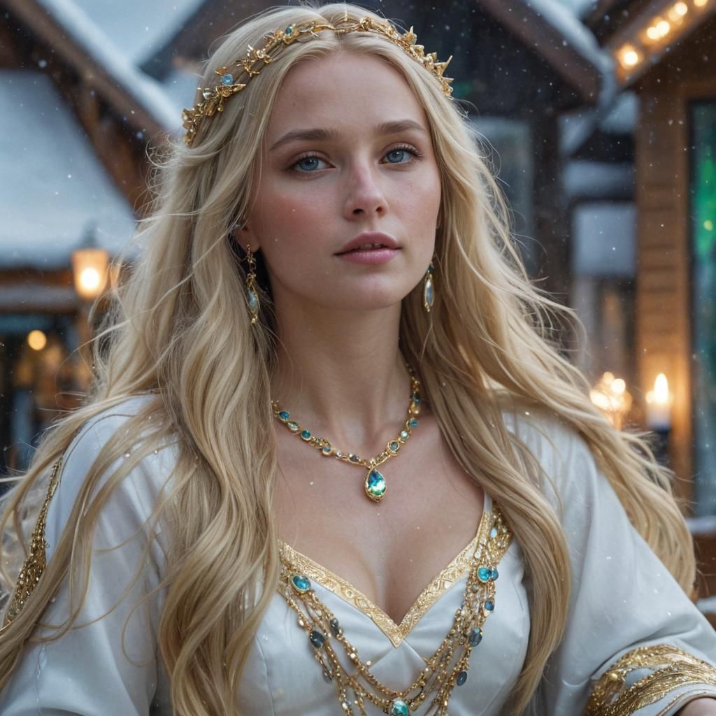 Nordic Goddess with Flowing Hair and Aurora