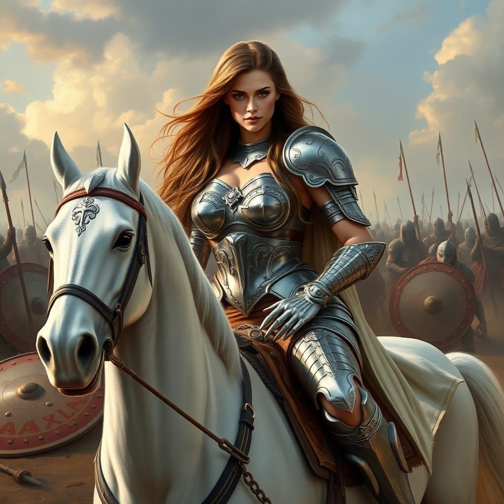 A majestic Amazon warrior sits proudly on a white horse, her armor gleaming with intricate details. She exudes both femi...