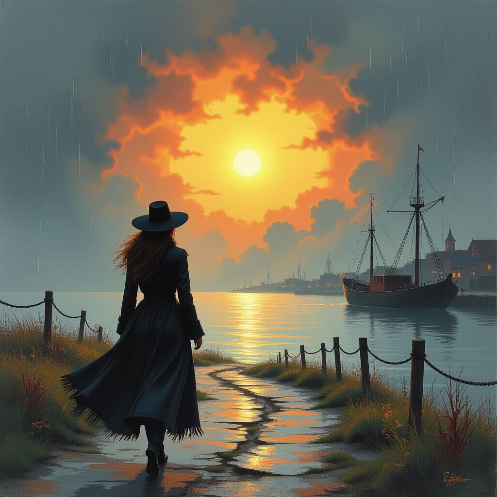 Woman's Journey Through Mystical Portal, Oil Painting