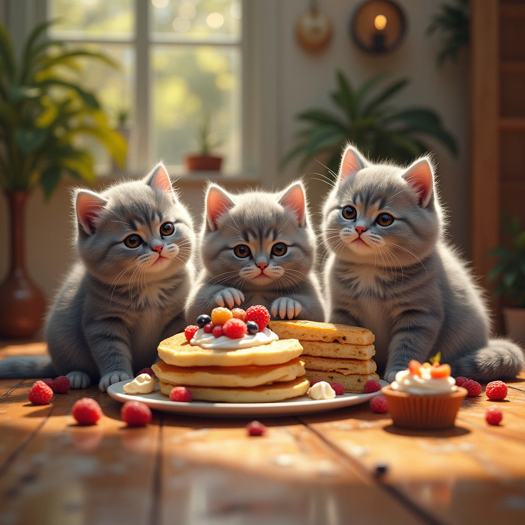 British Shorthairs Enjoying a Whimsical Feast