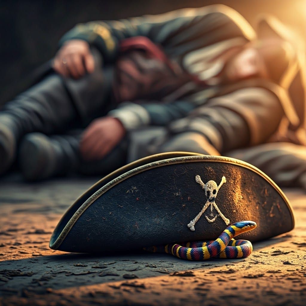 Coral Snake in Pirate Hat, Hyperrealistic Close-up