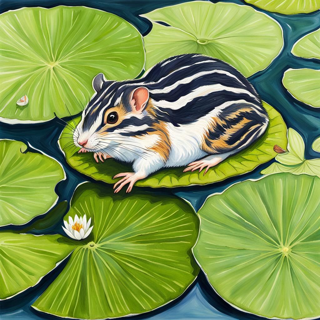Hamster on Lily Pad: Detailed Gouache Painting