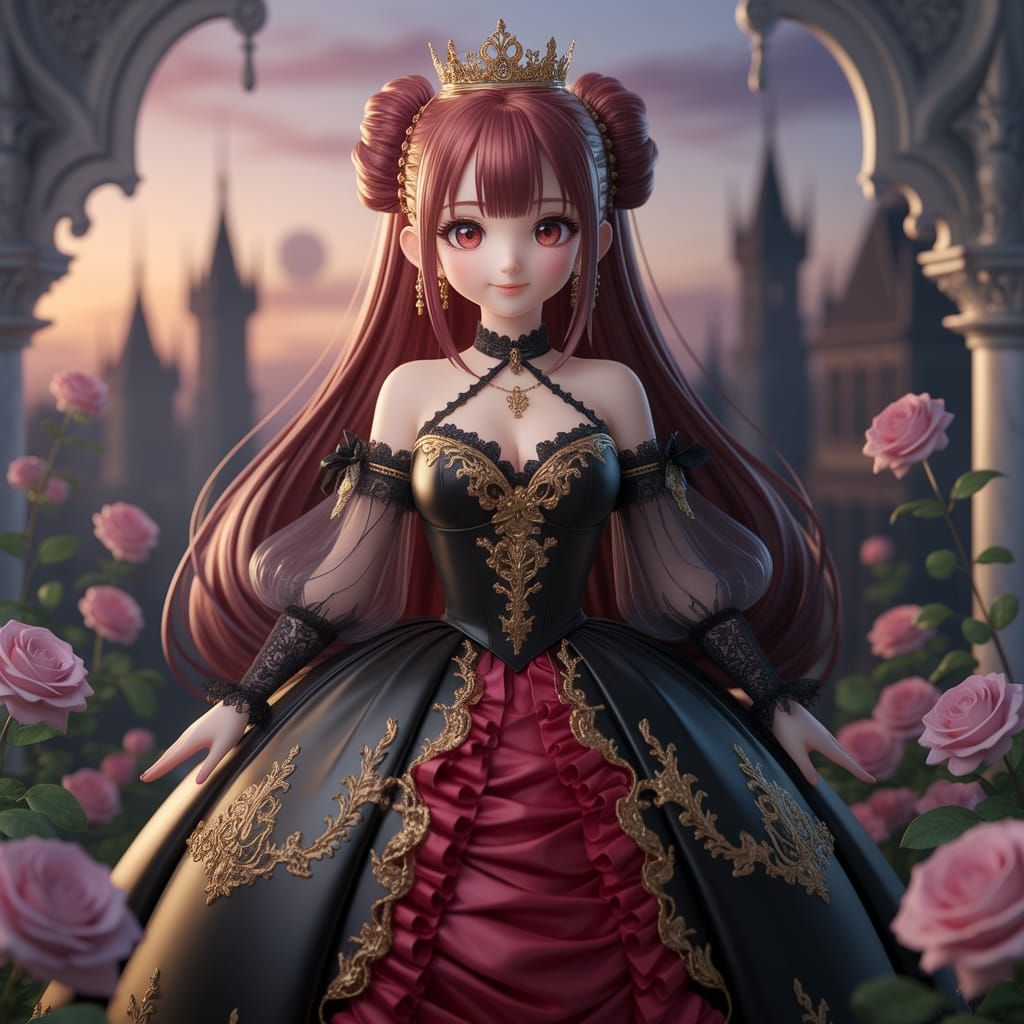 Elegant Anime Noble Girl in Gothic Fantasy Setting