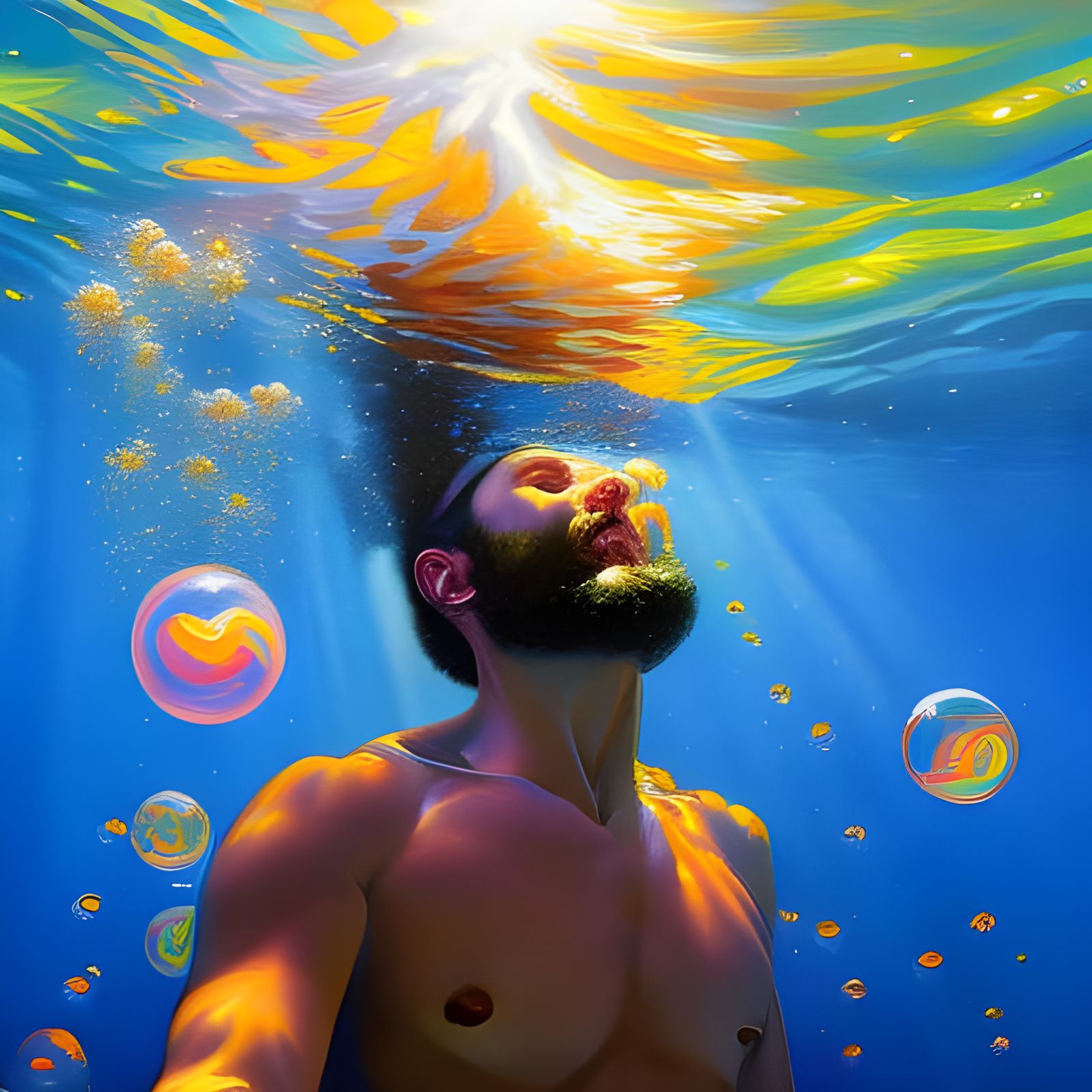 Bearded Man Swimming Underwater in Sunlight, Oil Painting