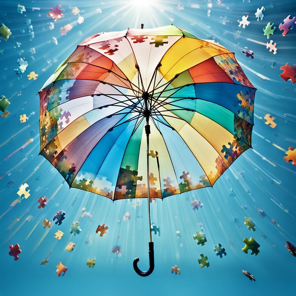 Whimsical Jigsaw Puzzle Umbrella in Mid-Air