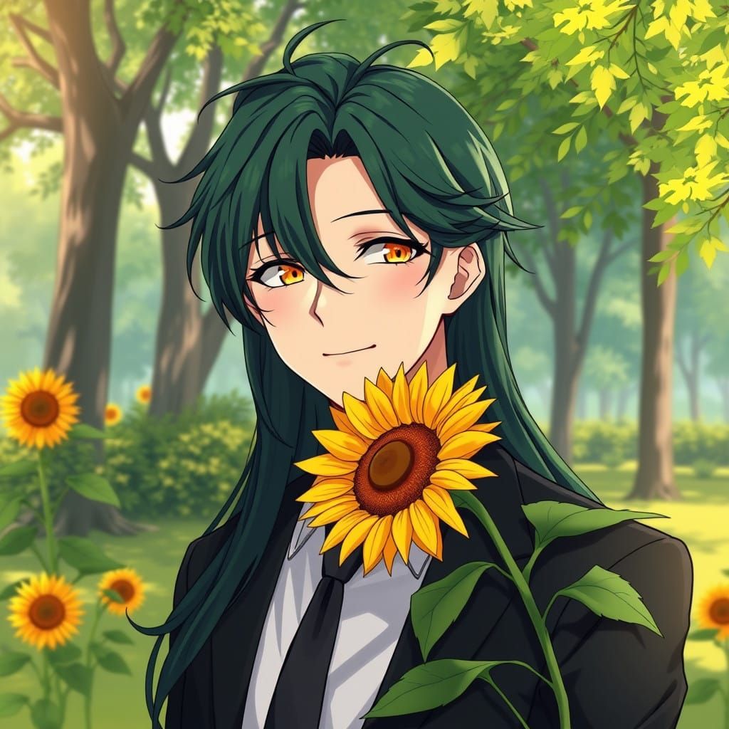 A Smiling Anime Hero Stands in a Sunlit Park with a Sunflowe...