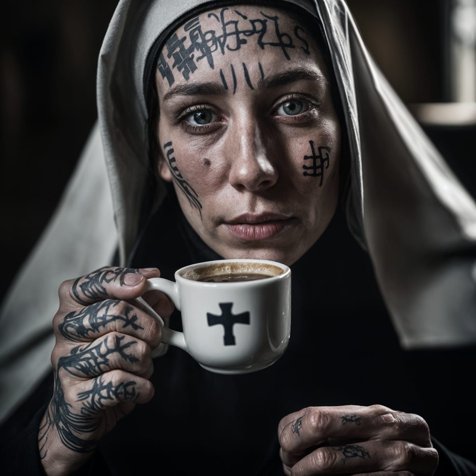 Woman with Jigsaw Tattoos and a Nun