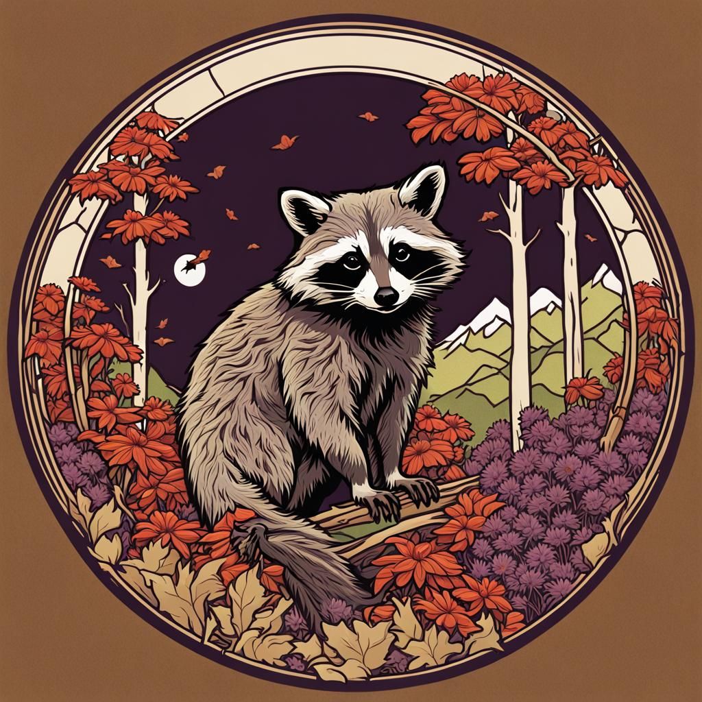 Raccoon and Wildflowers in Art Nouveau Woodcut