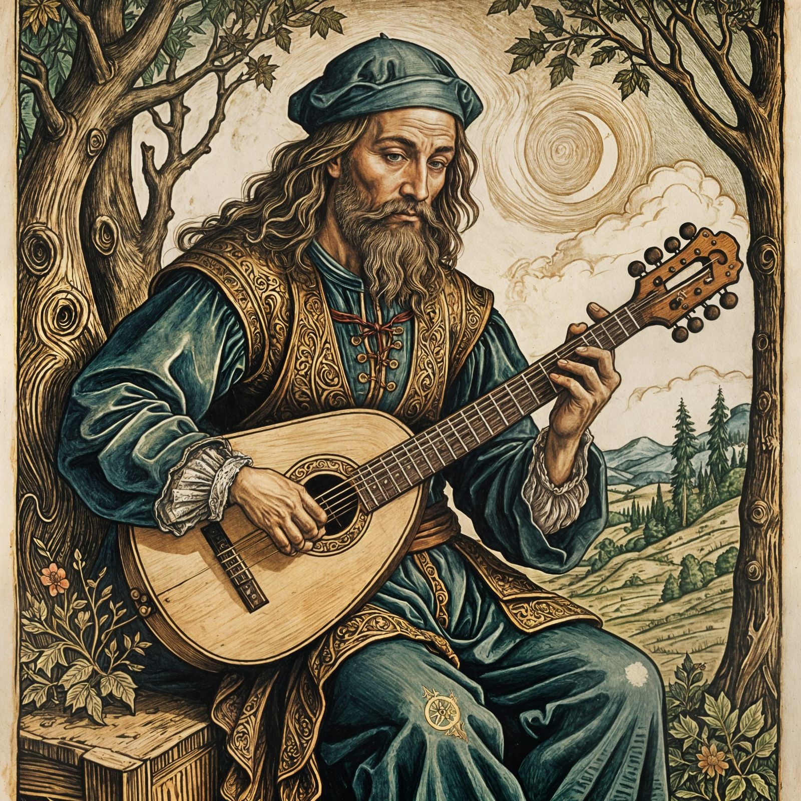 Grizzled Minstrel with Detailed Beard in Woodcut Style