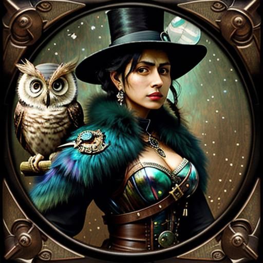 Steampunk Executioner and Owl in Post-Impressionist Style