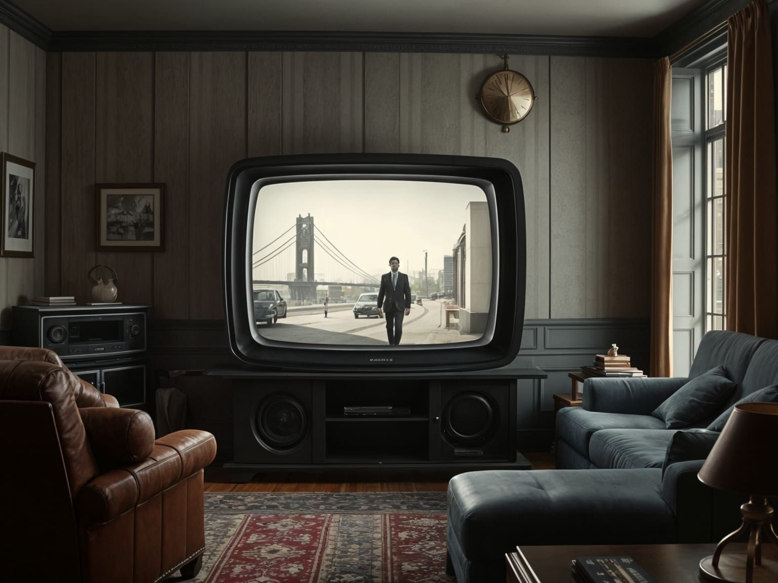 Vintage Black and White TV Displaying a Scene