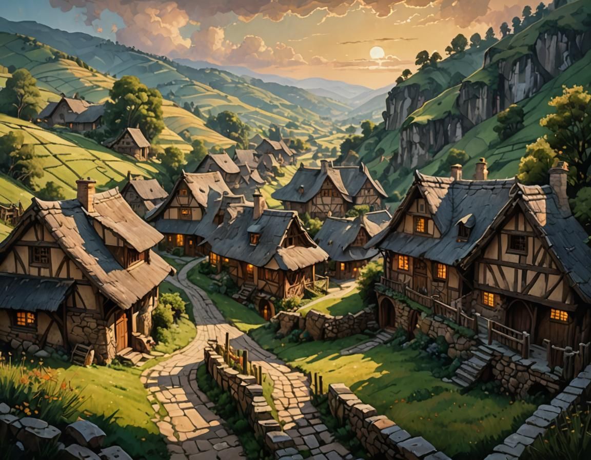 Rustic Village Scene in Acrylic Painting