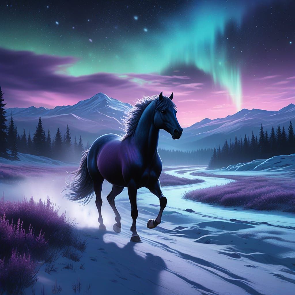 Arctic Steed Under Aurora, Nocturne Style Oil Painting