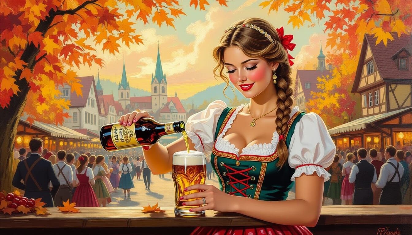 German Beer Maid in Pino Daeni Style Oil Painting