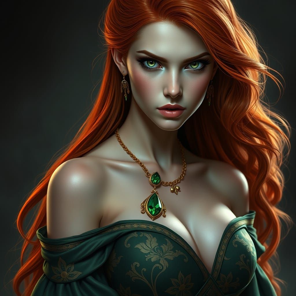 Enigmatic Fantasy Siren with Fiery Red Hair and Gold Floral ...
