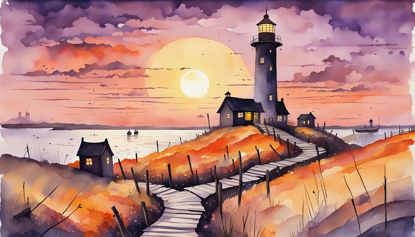 Surreal Pathway to Hell with Lighthouse, Naive Illustration