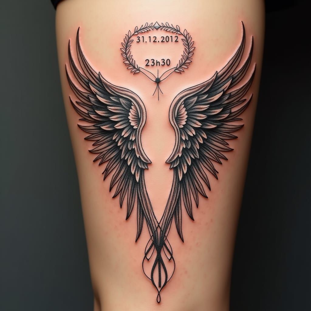 Angel Wing Tattoo with Aureole and Date in Matte Painting