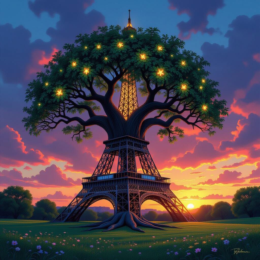 Eiffel Tower Tree at Vibrant Sunset