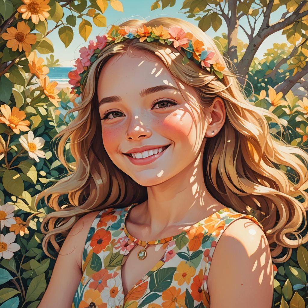 Smiling Girl in Floral Dress: Pop Surrealism