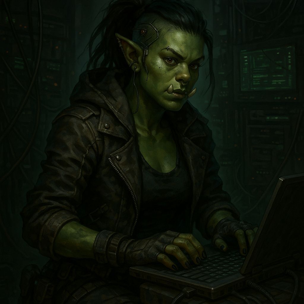 Shadowrun Female Ork Decker in Cyberpunk Style