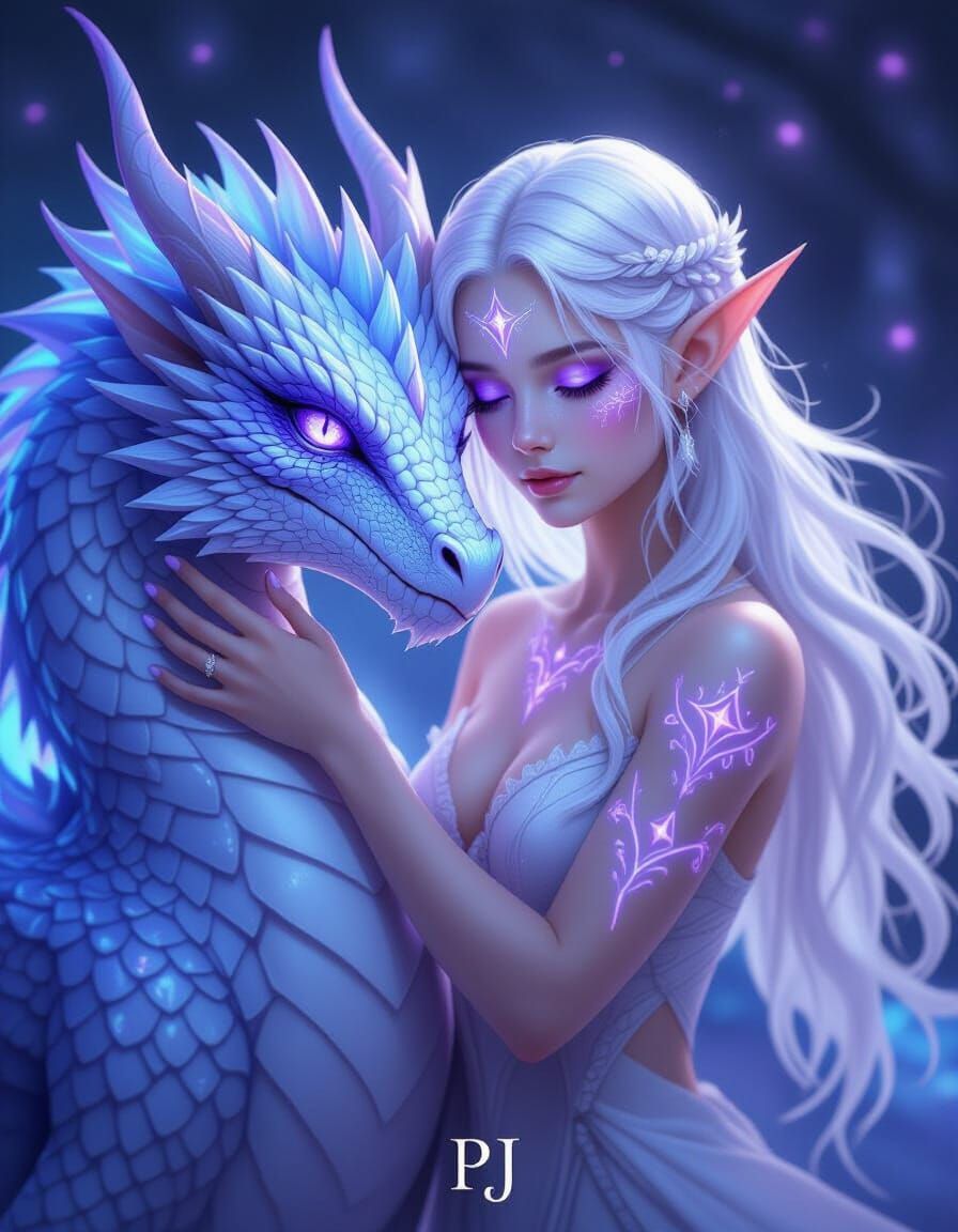 Ethereal Elf Embracing Ice Dragon in Enchanted Forest