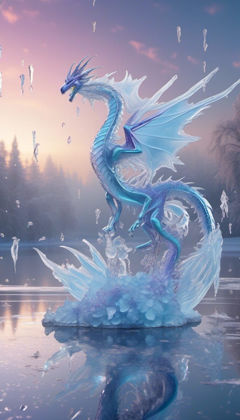 Icy Dragon Perched on Frozen Lake: Digital Art
