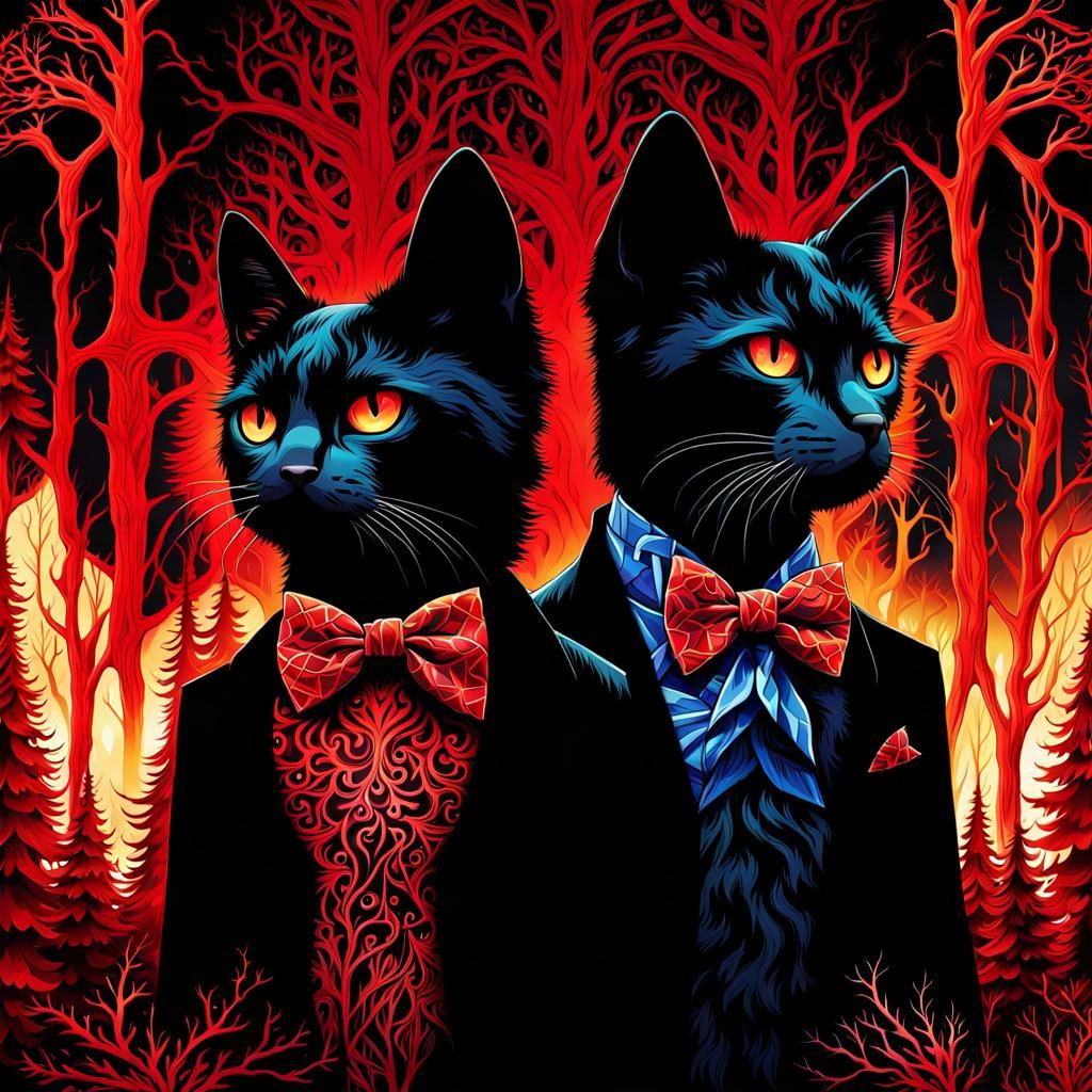 Chibi Black Cats in Magic Forest: Watercolor Fractal Art