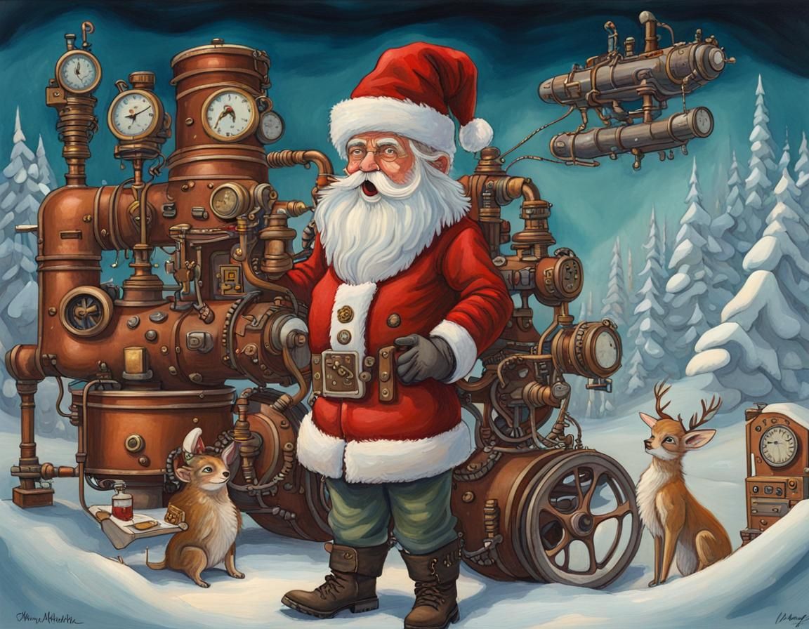 Steampunk Santa's Workshop: A Gouache Painting