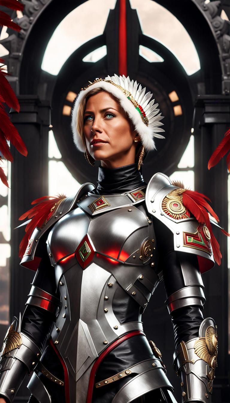 Woman in Cybernetic Armor with Aztec Headdress