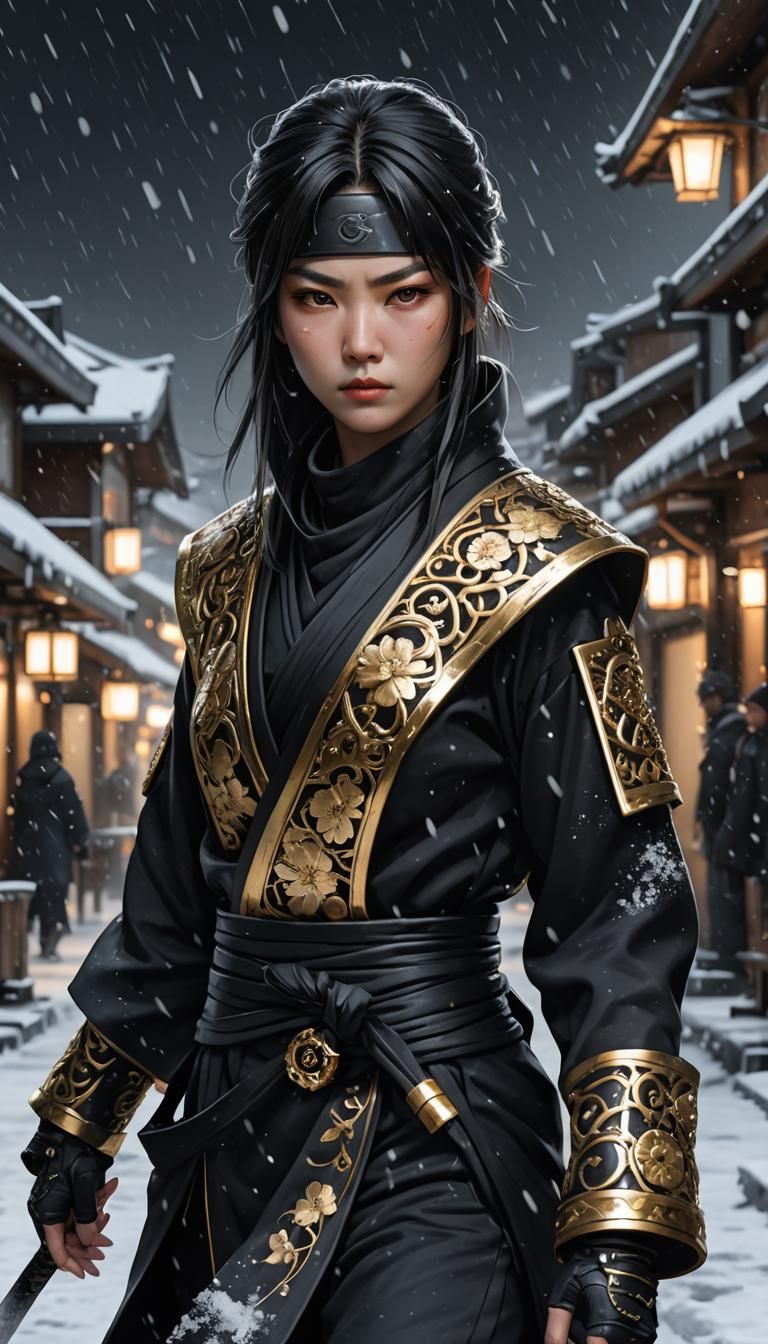 Mysterious Kunoichi Ninja in Snowy Iceland Town