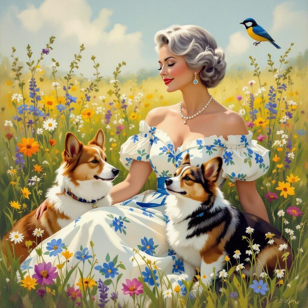 Queen Relaxing with Corgi in Wildflower Meadow