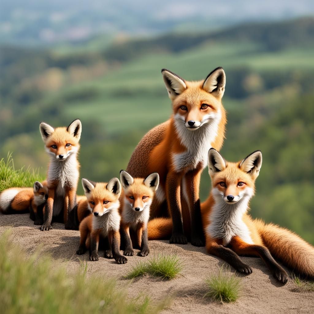 Mother Fox and Cubs Playing on Hilltop