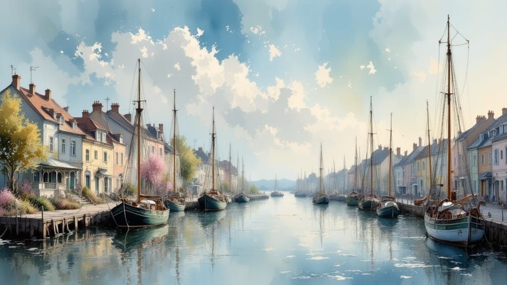 Serene Harbor Town in Monet & Turner Style