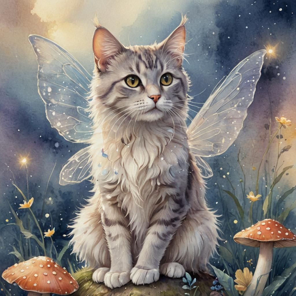 Fairy Cat on Mushroom in Whimsical Illustration