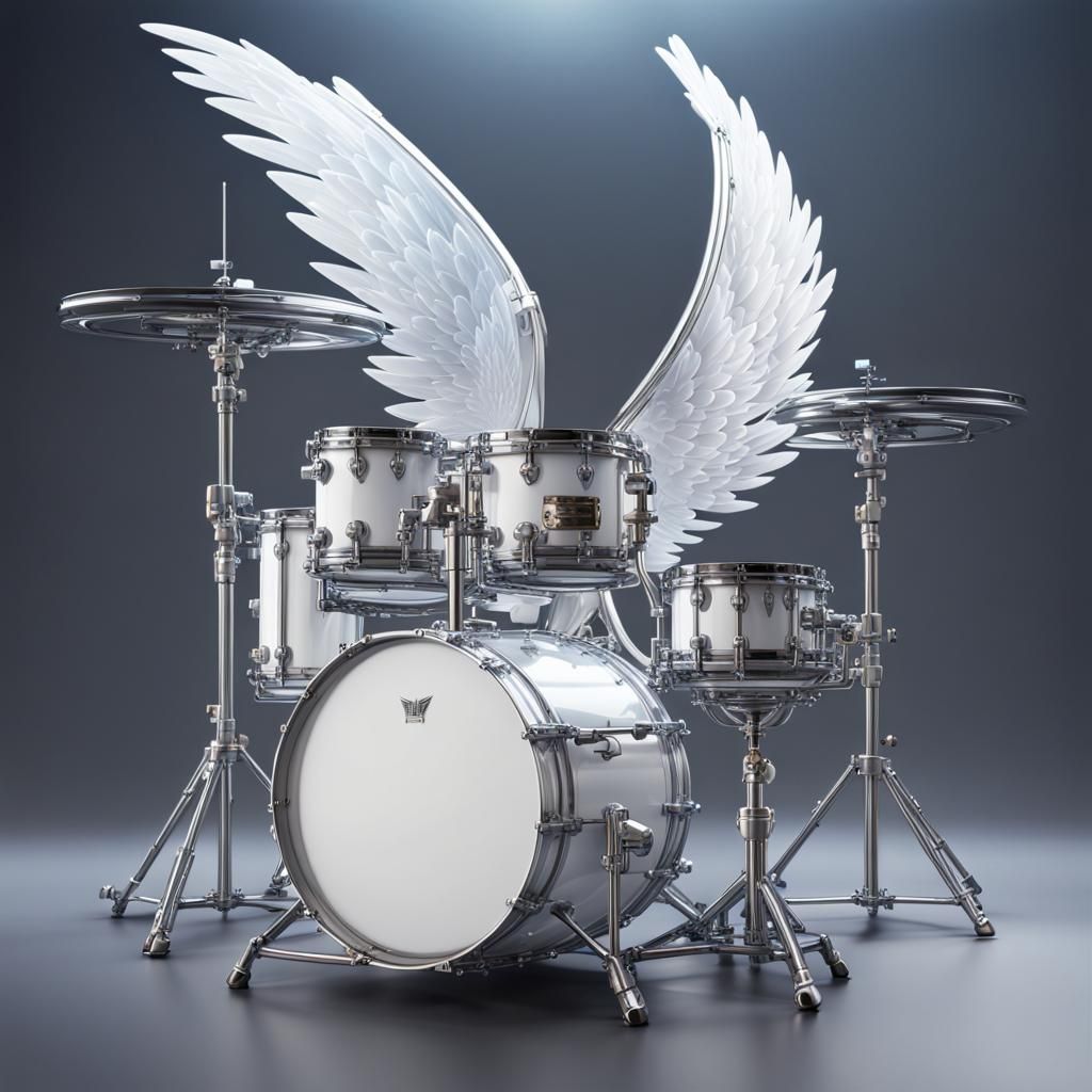 Enormous crystal white Glass, shiny steel drum set with wings