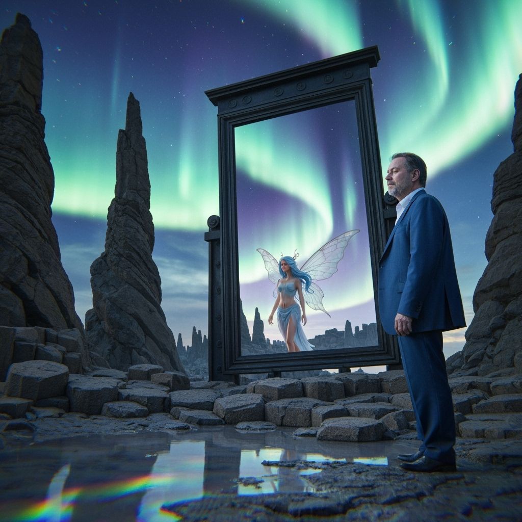 Industrial Mirror Reflects Fairy in Surreal Landscape