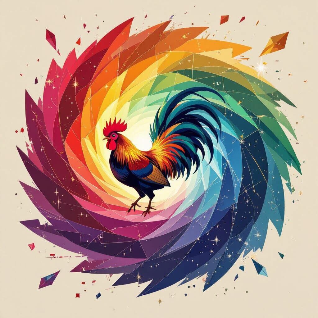Rooster Vortex of Color and Light Breaking Geometric Shards