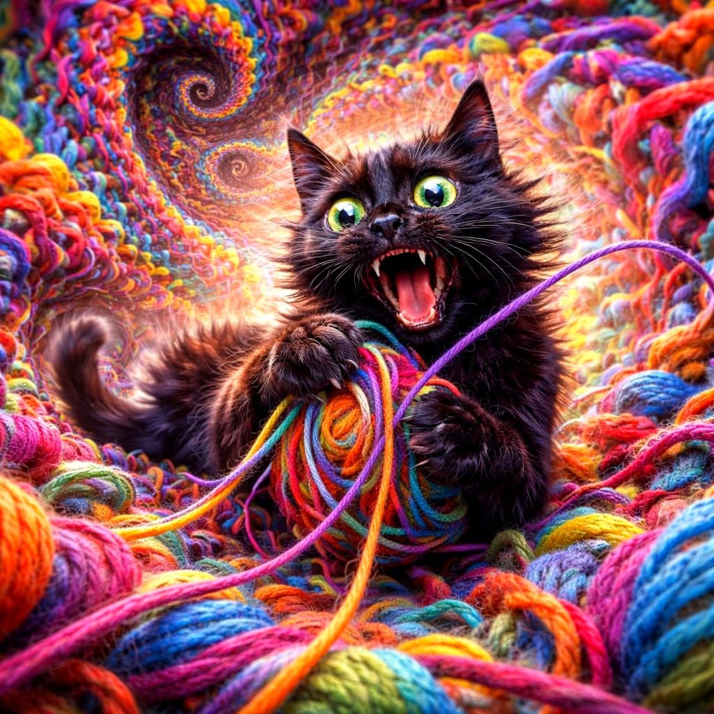 Surreal Black Cat Playing with Wool in Elastic Reality