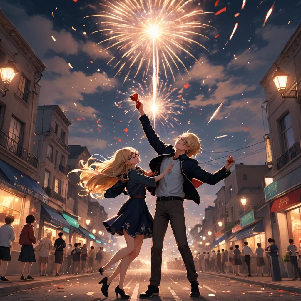 Romantic Fireworks Display in Anime Style