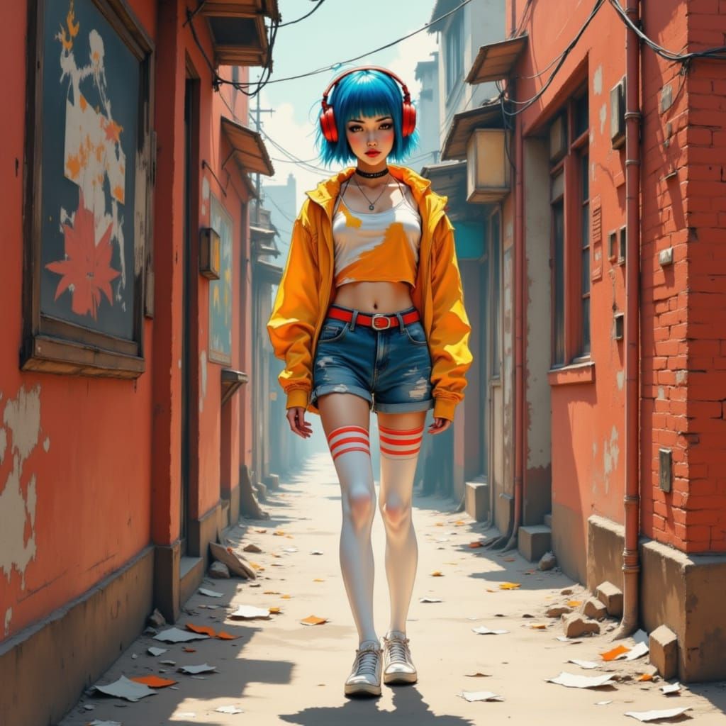 Futuristic Anime Girl in Urban Alleyway Art