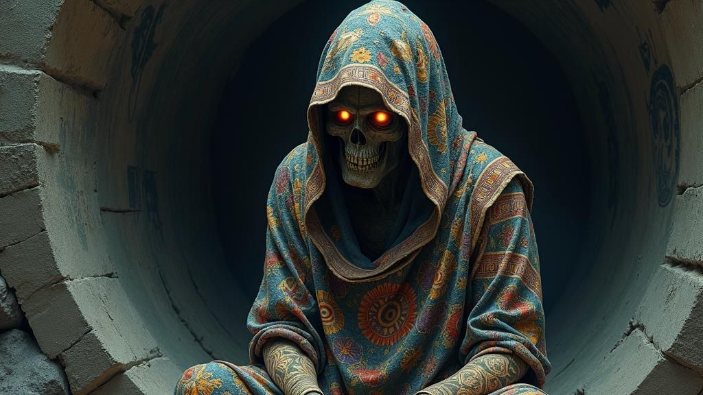 Mystical Hermit Figure in Dark Stone Sanctum