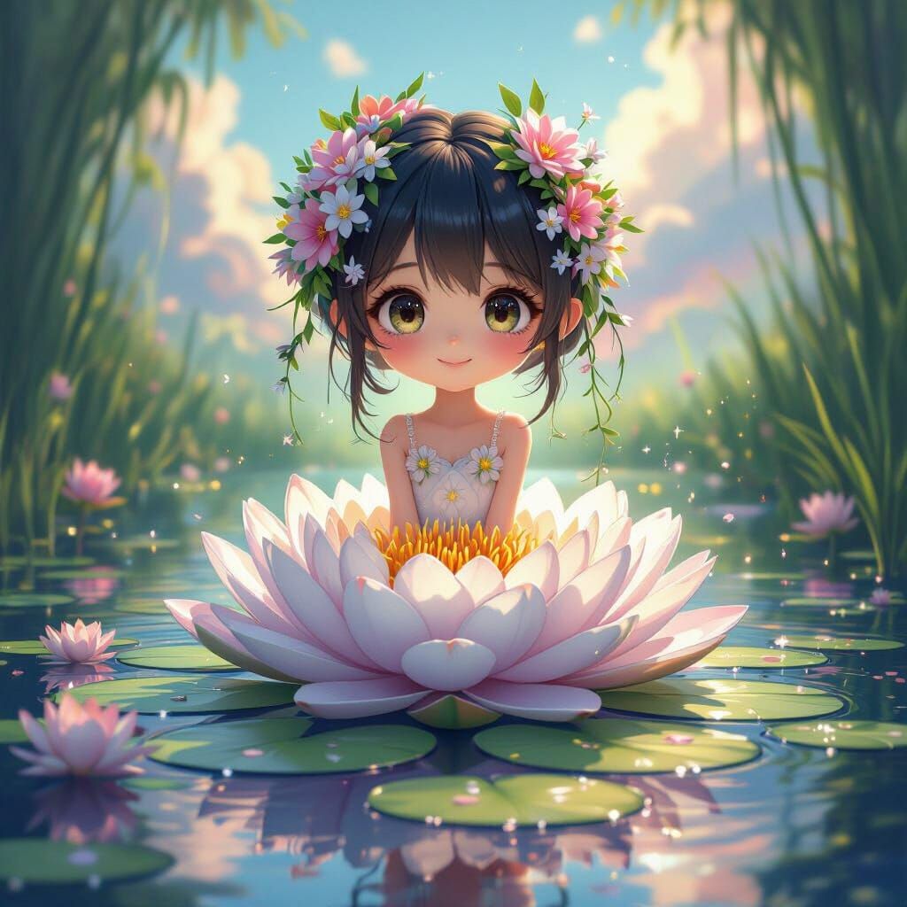 Anime Water Lily Character with Floral Hair in Matte Paintin...