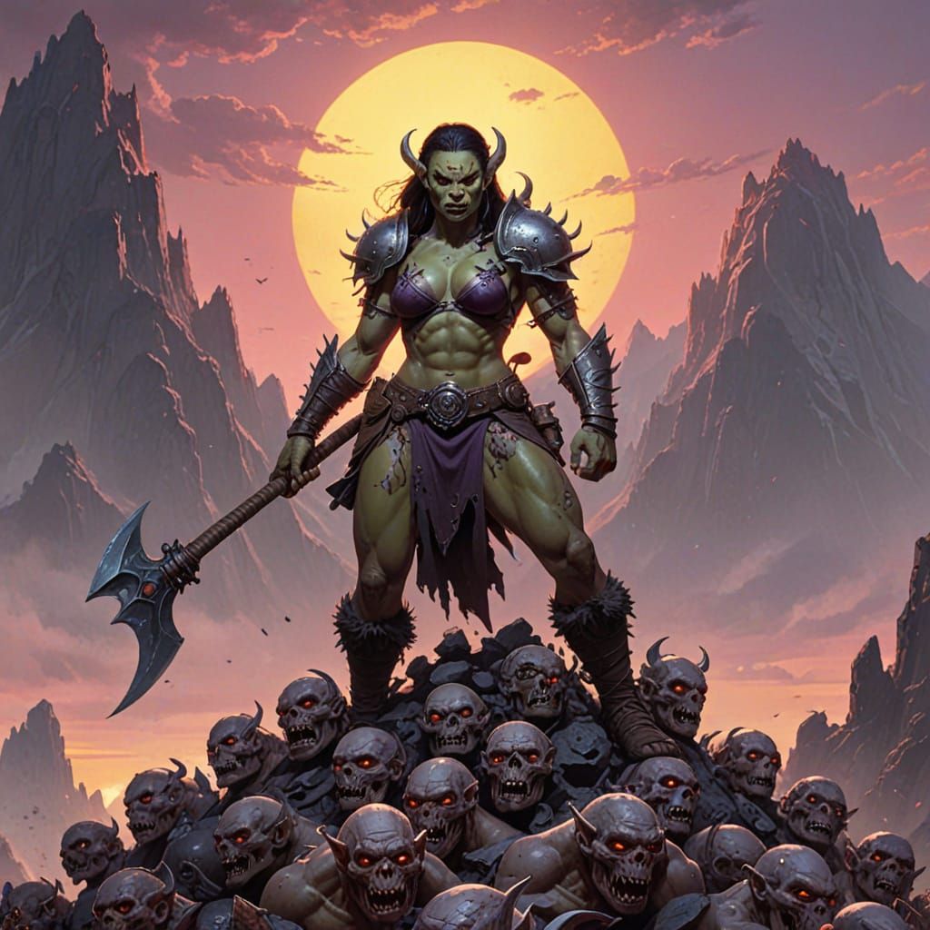 Orc Warrior on Skull Mountain in Dark Fantasy Art