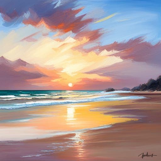 Impressionist Beach Sunset in Oil Painting Style